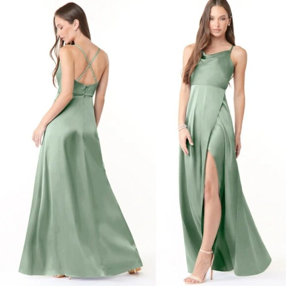 NWT Azazie Naomie Agave A-Line Cowl Neckline Side Slit Stretch Satin Dress, A14 - Picture 8 of 12